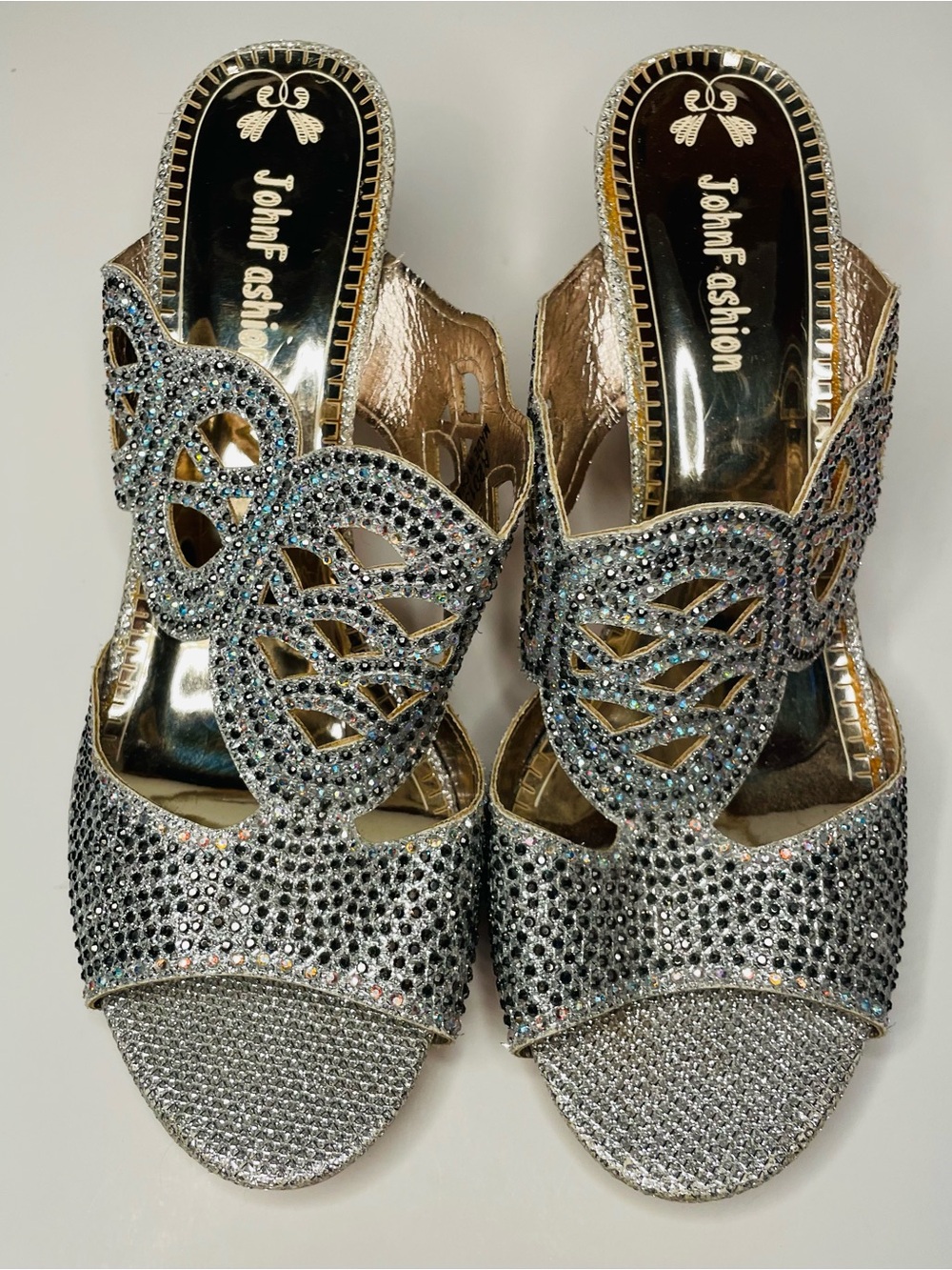 John Fashion Silver Crystal Embellished Mules
